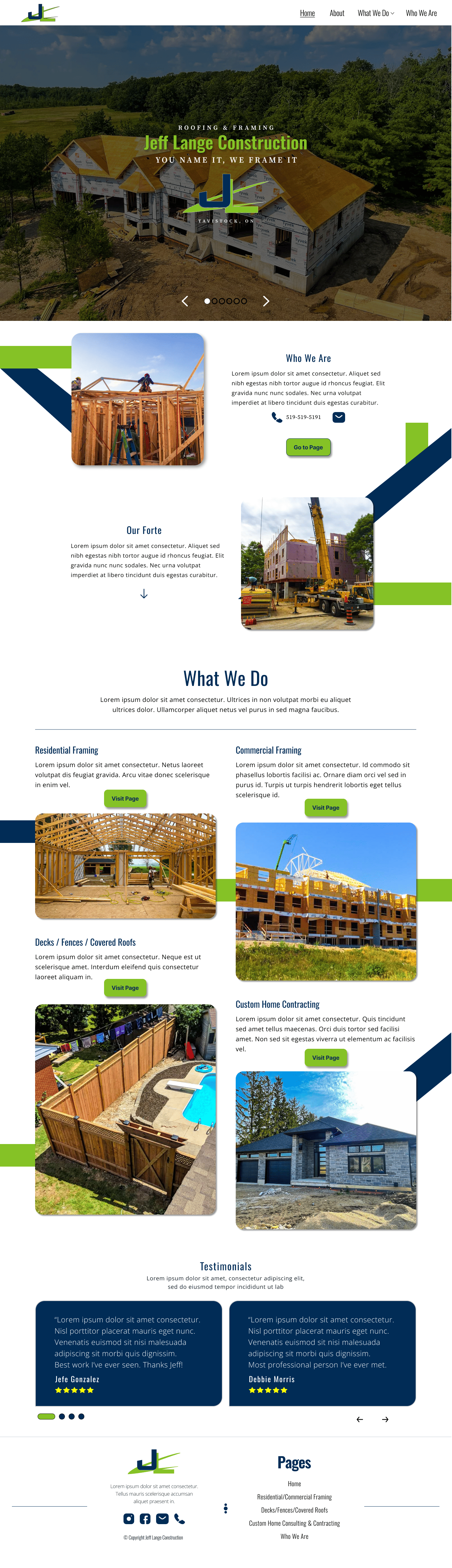 final rendering of the design for the home page for a new construction company website