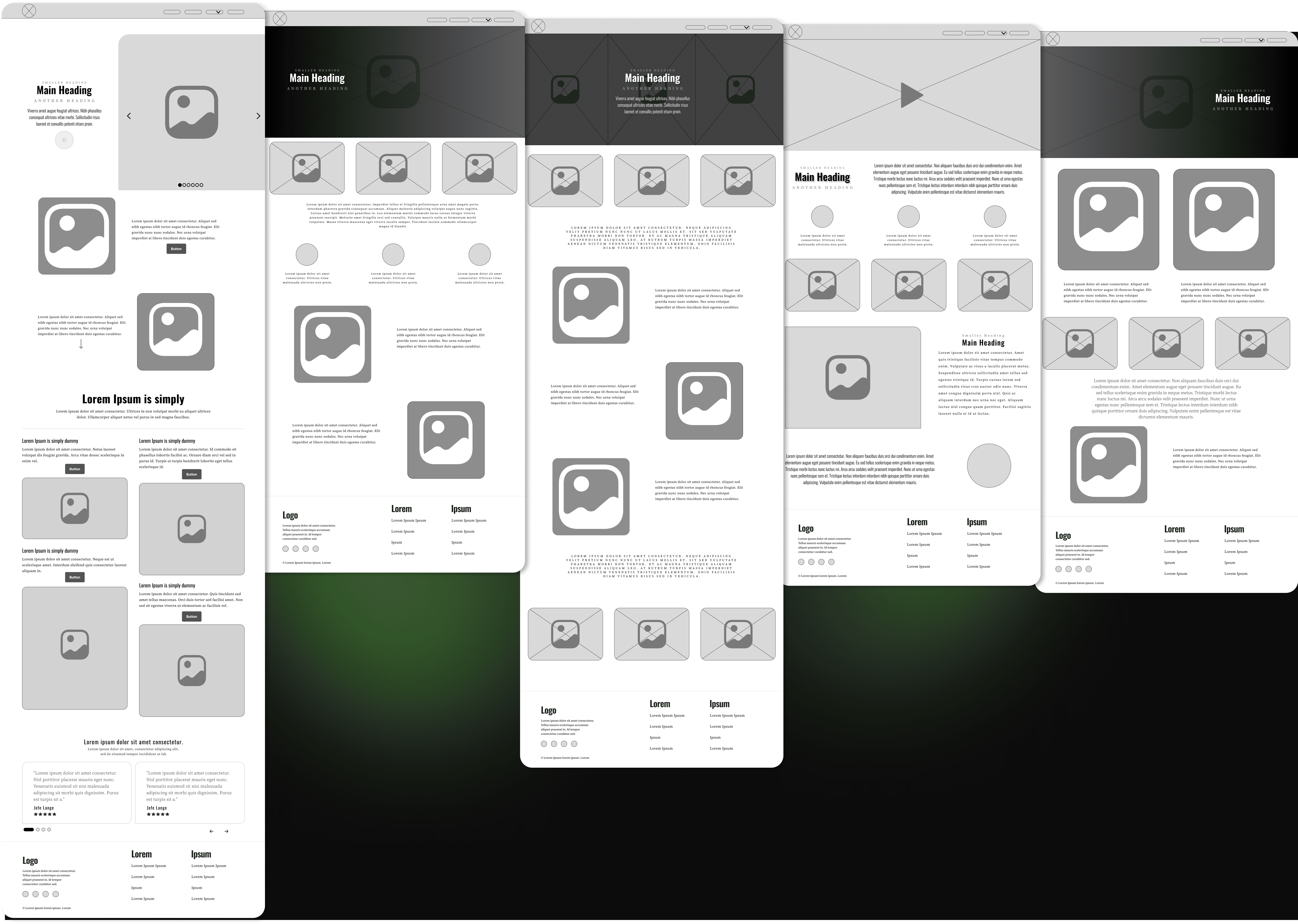 black & white computer mockups of the general layout of a website