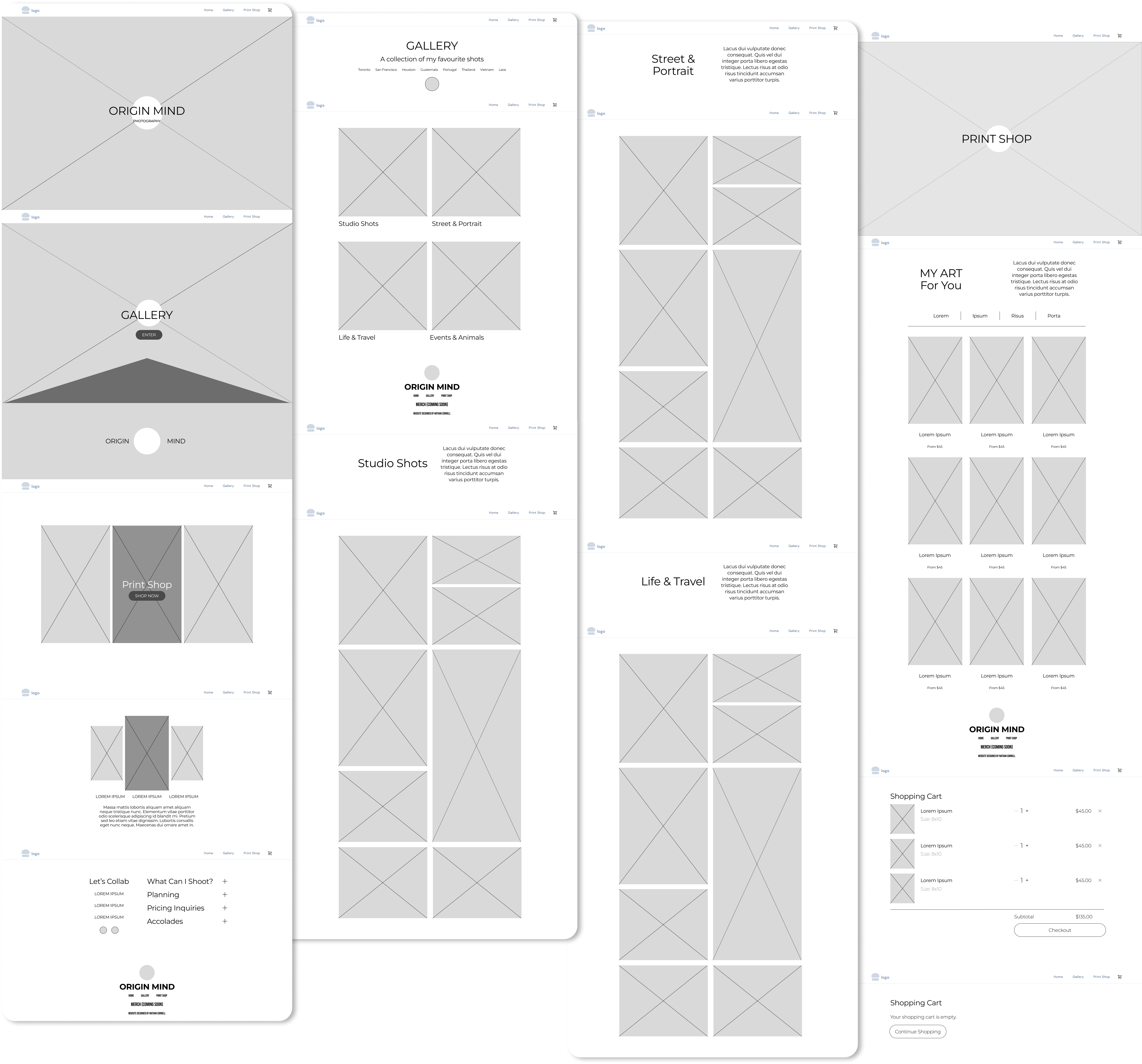 lo-fidelity computer drawings of the layout of a website 