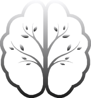 a logo of a brain with a tree growing inside of it. Coloured in a white & grey gradient