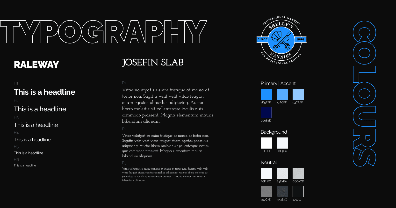 style guide describing the typography and colours used in the website design for a nanny business